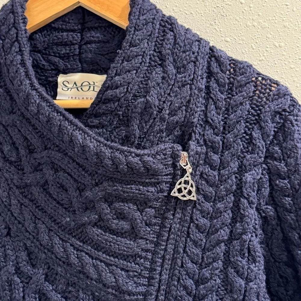 SAOL Ireland NWOT Small Navy Wool Cable Knit Fisherman Asymmetrical Zip Sweater